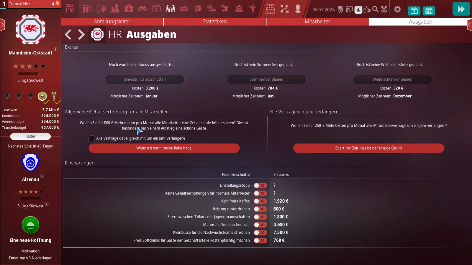 HR Ausgaben tab in WE ARE FOOTBALL 2027 with the January bonus, June summer party and December Christmas party buttons plus the salary increase and contract extension panels