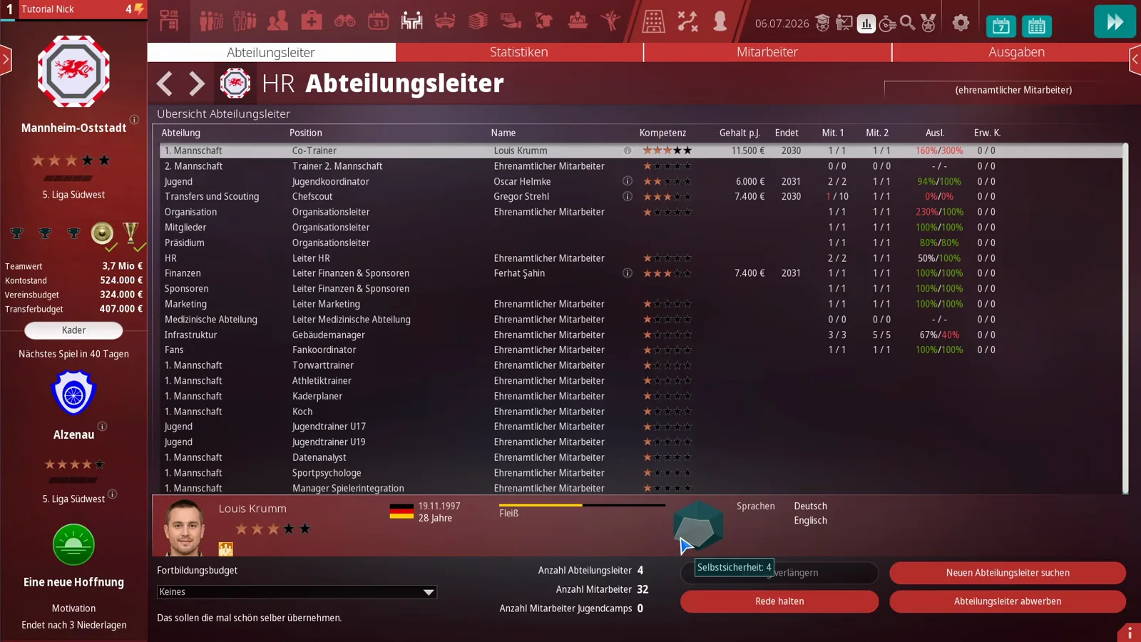 Selected employee strip under the WE ARE FOOTBALL 2027 department head list showing co-trainer Louis Krumm with three competence stars, his Fleiß bar, age and the German and English languages