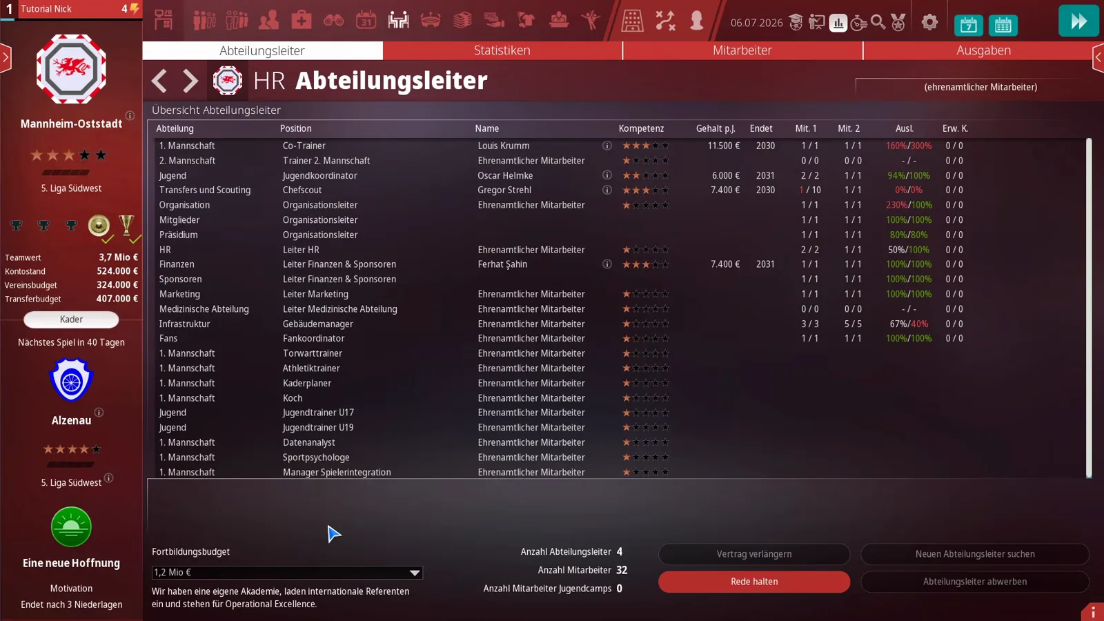 Fortbildungsbudget dropdown set to the top tier of 1,2 Mio € under the WE ARE FOOTBALL 2027 department head list, with the in-house academy description printed beneath it