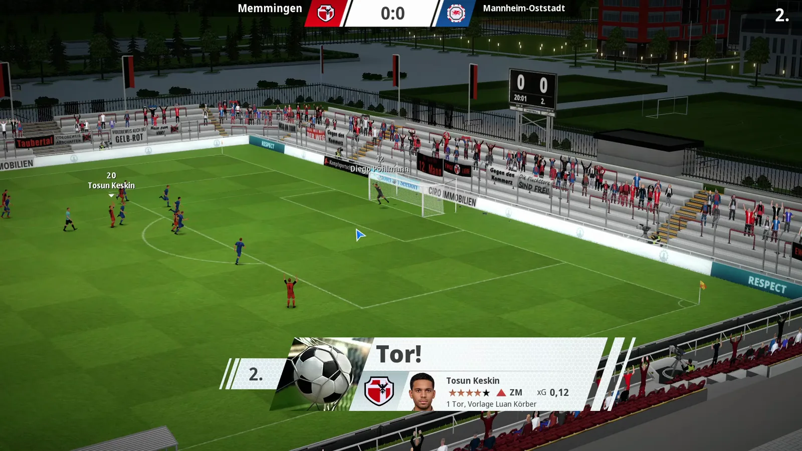 WE ARE FOOTBALL 2027 3D match view with the Tor! goal banner for Tosun Keskin showing his rating stars, the ZM position, an xG of 0.12 and the assist credit for Luan Körber in minute two of the sample match