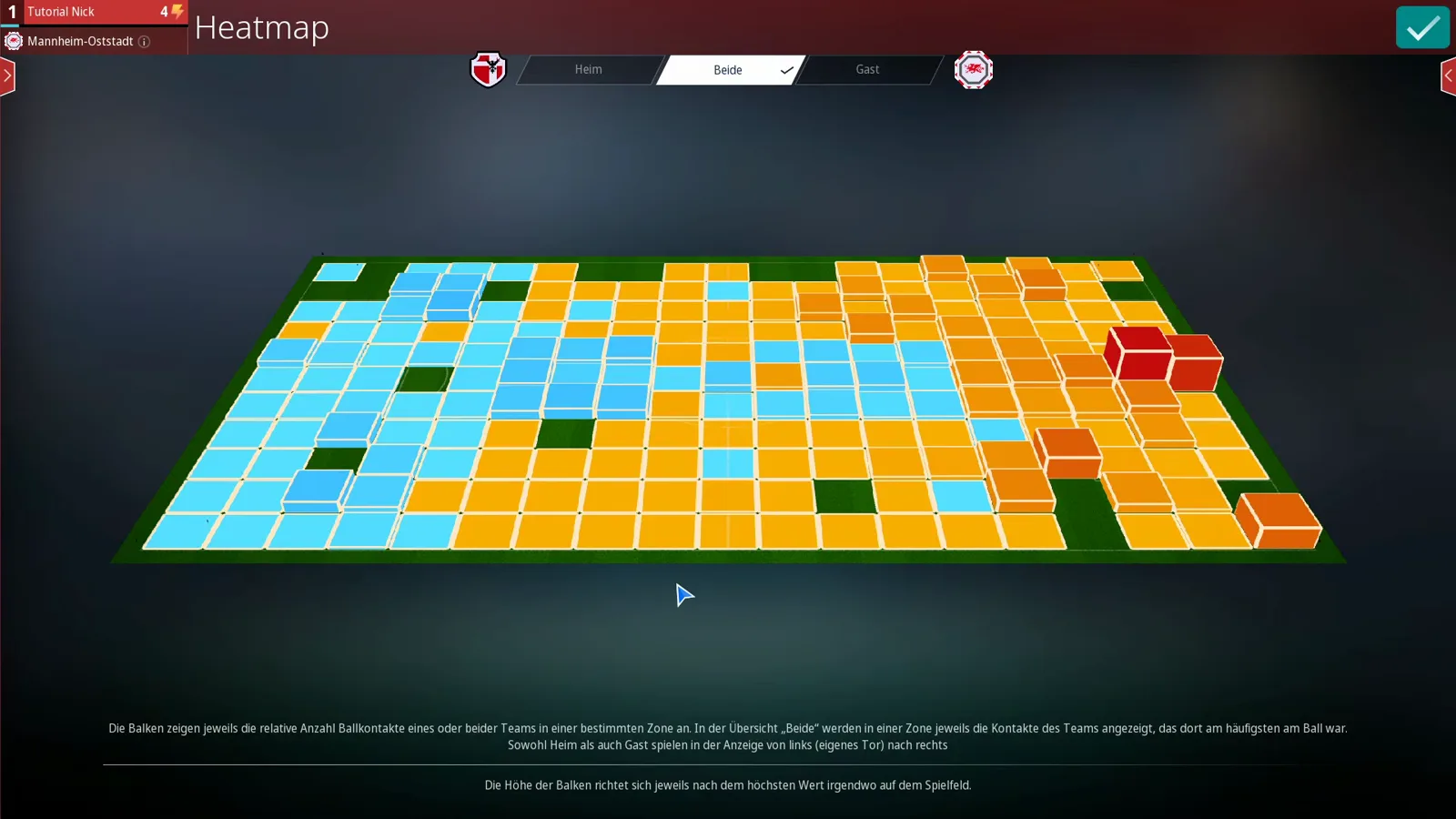 WE ARE FOOTBALL 2027 Heatmap with the Beide tab active, overlaying the visitors' blue contacts against the home side's orange ones so every zone shows the dominant team, with the red maximum block in front of the away goal
