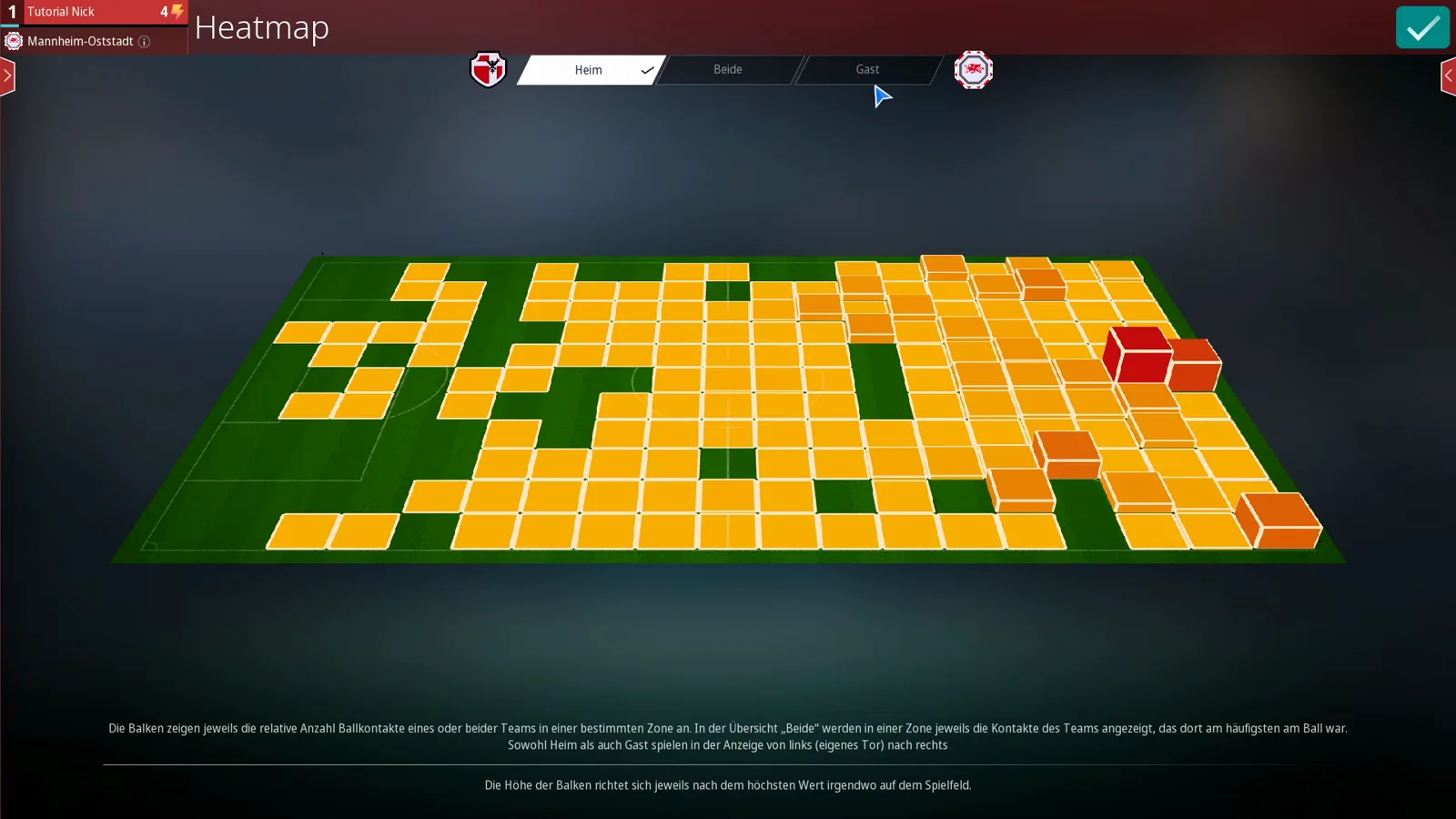 WE ARE FOOTBALL 2027 Heatmap on the Heim tab showing the home side's ball contacts as orange 3D bars that rise into red maximum blocks in front of the away goal of the 1:0 sample match