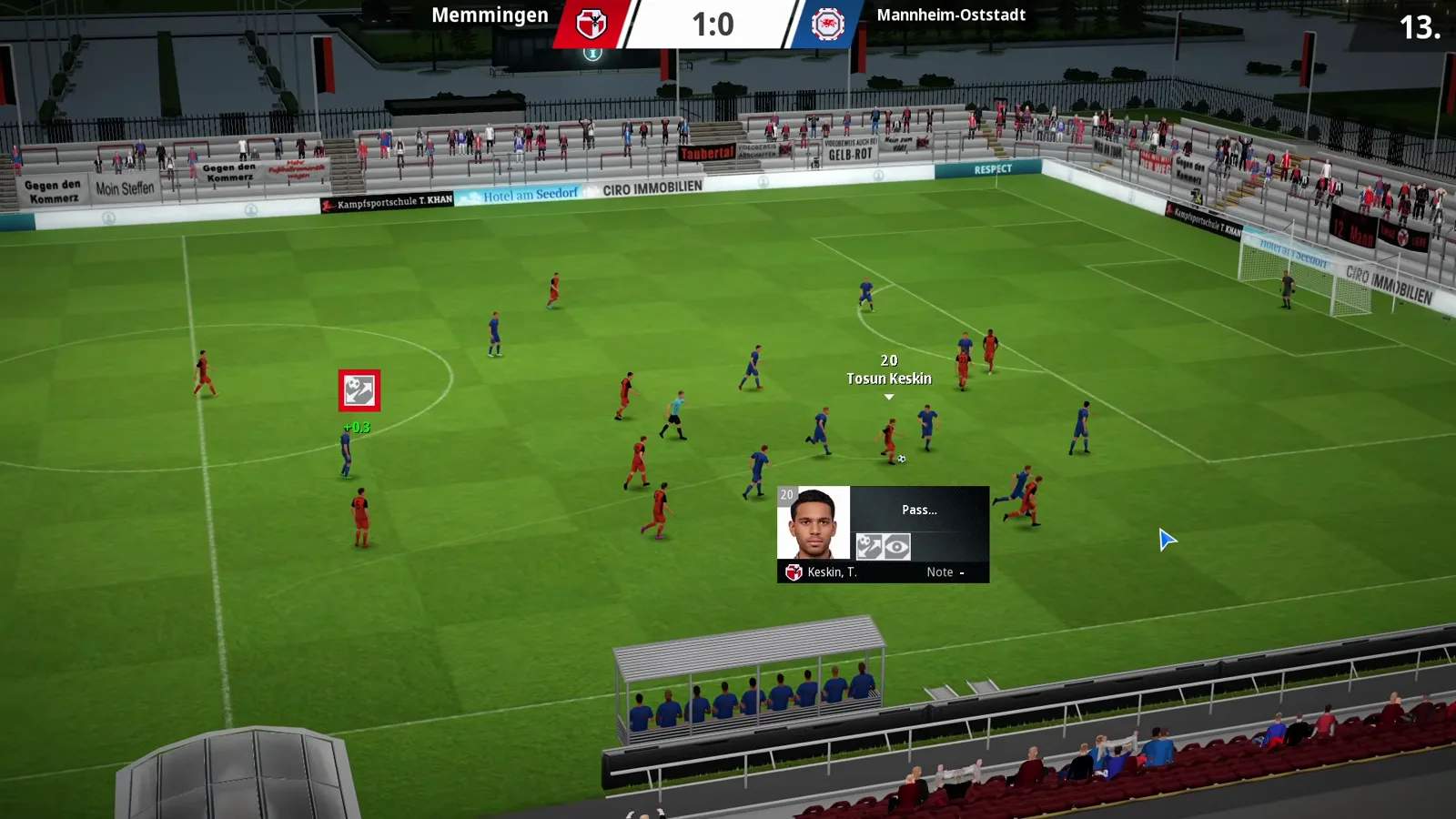 WE ARE FOOTBALL 2027 live match view in minute thirteen with the scoreboard at Memmingen 1:0 and a skill infobox for Tosun Keskin at the bottom of the pitch, his portrait beside the passing skill bars the scene hinges on