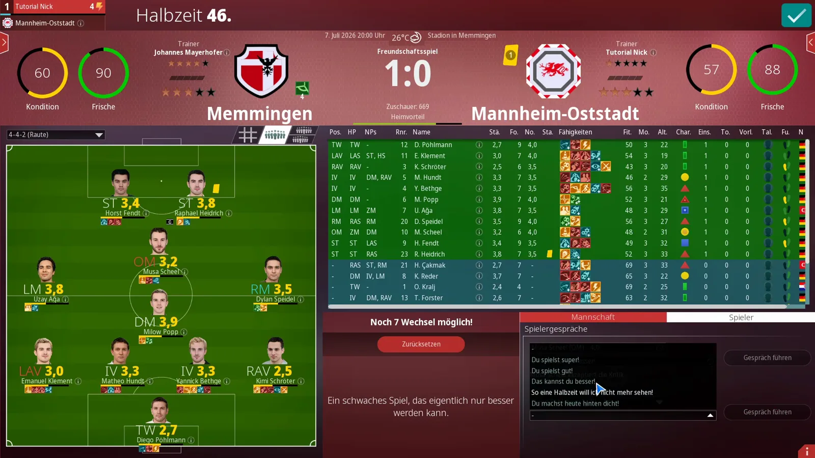 WE ARE FOOTBALL 2027 Spielergespräche panel at halftime listing the five talk options from Du spielst super! to Du machst heute hinten dicht! for the selected player Musa Scheel at grade 4.0