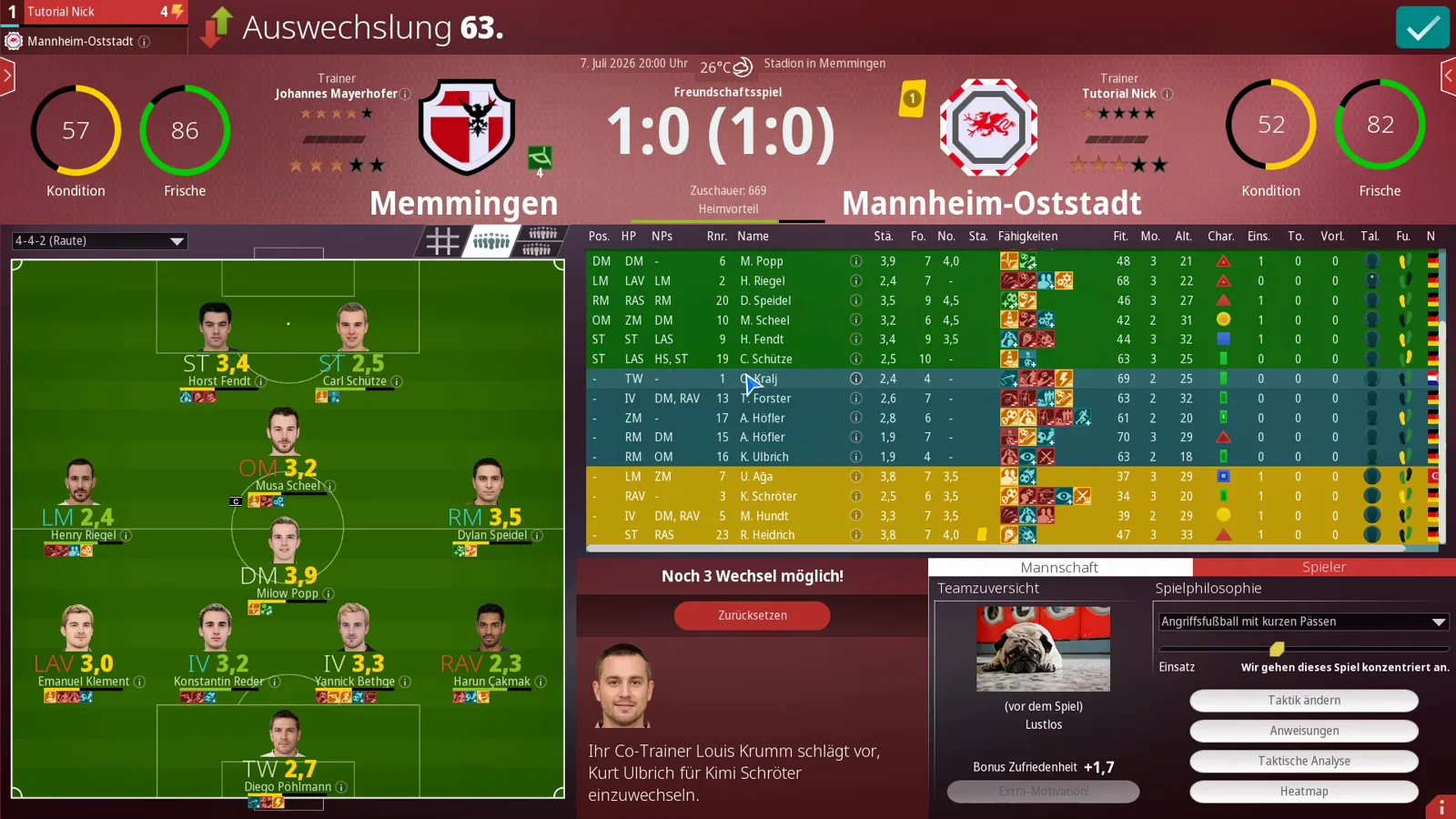 WE ARE FOOTBALL 2027 Auswechslung screen in minute 63 with the pitch view and rated avatars on the left, the color-coded squad list on the right, the note Noch 3 Wechsel möglich! and the co-coach's substitution suggestion in the corner