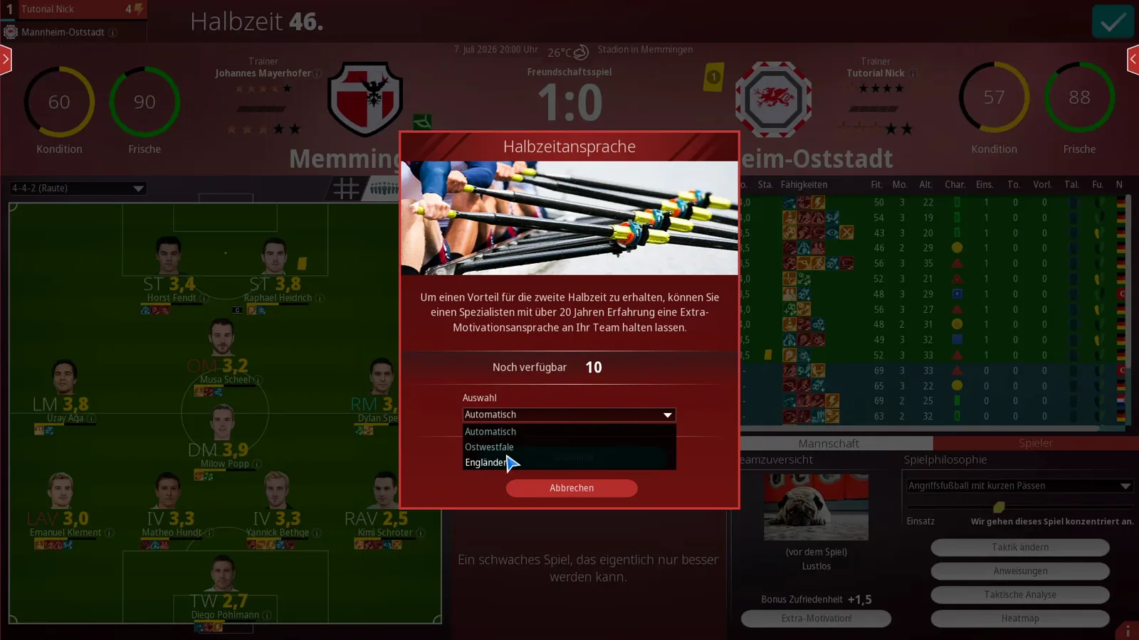 WE ARE FOOTBALL 2027 Halbzeitansprache dialog offering an external motivational speech, the Auswahl dropdown open showing Automatisch, Ostwestfale and Engländer, the counter reading Noch verfügbar 10 and the Abbrechen button below the open list