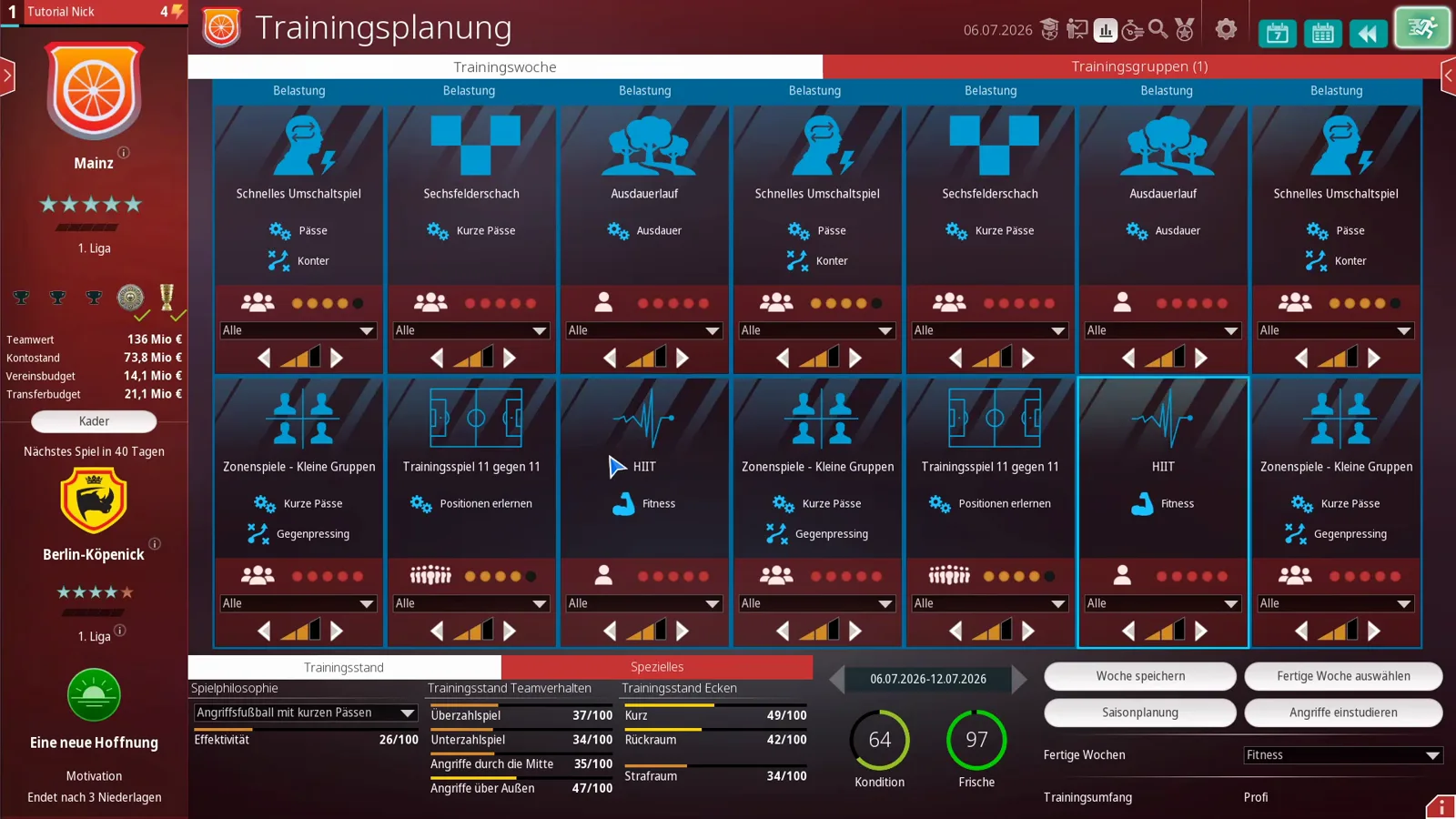 Trainingsplanung der Profimannschaft Mainz in WE ARE FOOTBALL 2027 mit vierzehn belegten Slots: Schnelles Umschaltspiel, Sechsfelderschach und Ausdauerlauf oben, Zonenspiele kleine Gruppen, Trainingsspiel 11 gegen 11 und HIIT unten, jeweils mit Belastung, Intensitätsdreieck und Spielerfilter