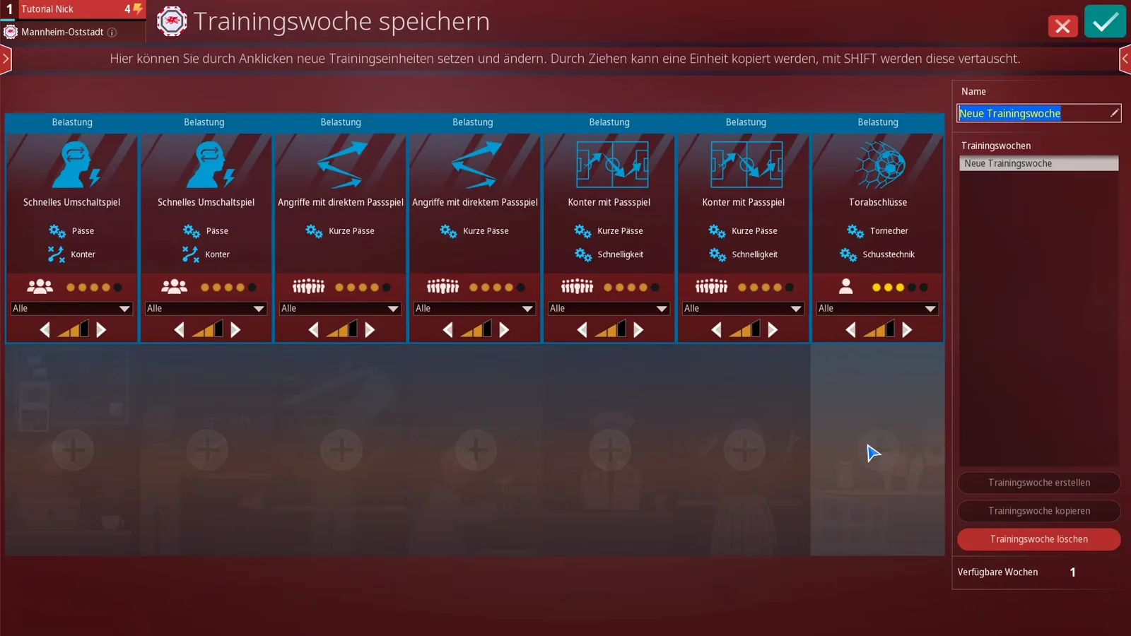 Bildschirm Trainingswoche speichern in WE ARE FOOTBALL 2027 mit Namensfeld Neue Trainingswoche, Liste der Trainingswochen, den Knöpfen Trainingswoche erstellen, kopieren und löschen sowie der Zählerzeile Verfügbare Wochen