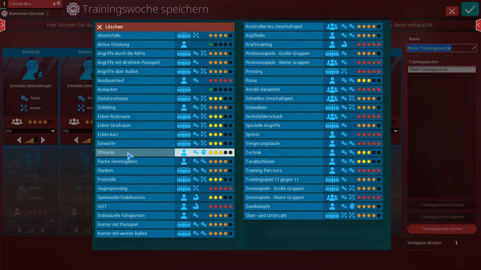 Komplette Liste aller Trainingseinheiten in WE ARE FOOTBALL 2027 von Abseitsfalle über Aktive Erholung, Angriffe durch die Mitte, Ausdauerlauf, Dribbling, Ecken Strafraum, Freistöße, Gegenpressing, HIIT und Konter mit weiten Bällen bis Zweikämpfe und Über- und Unterzahl, rechts die Namenszeile für die Trainingswoche