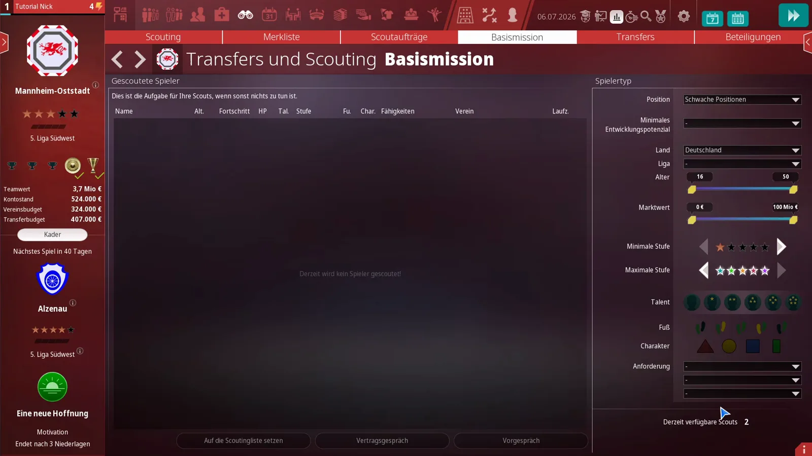 WE ARE FOOTBALL 2027 Basismission panel assigning two idle scouts to Germany with minimum and maximum strength sliders for constant background scouting