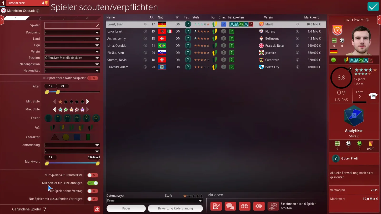 WE ARE FOOTBALL 2027 loan filter Nur Spieler für Leihe anzeigen enabled, leaving seven attacking midfielders available for loan in the results list