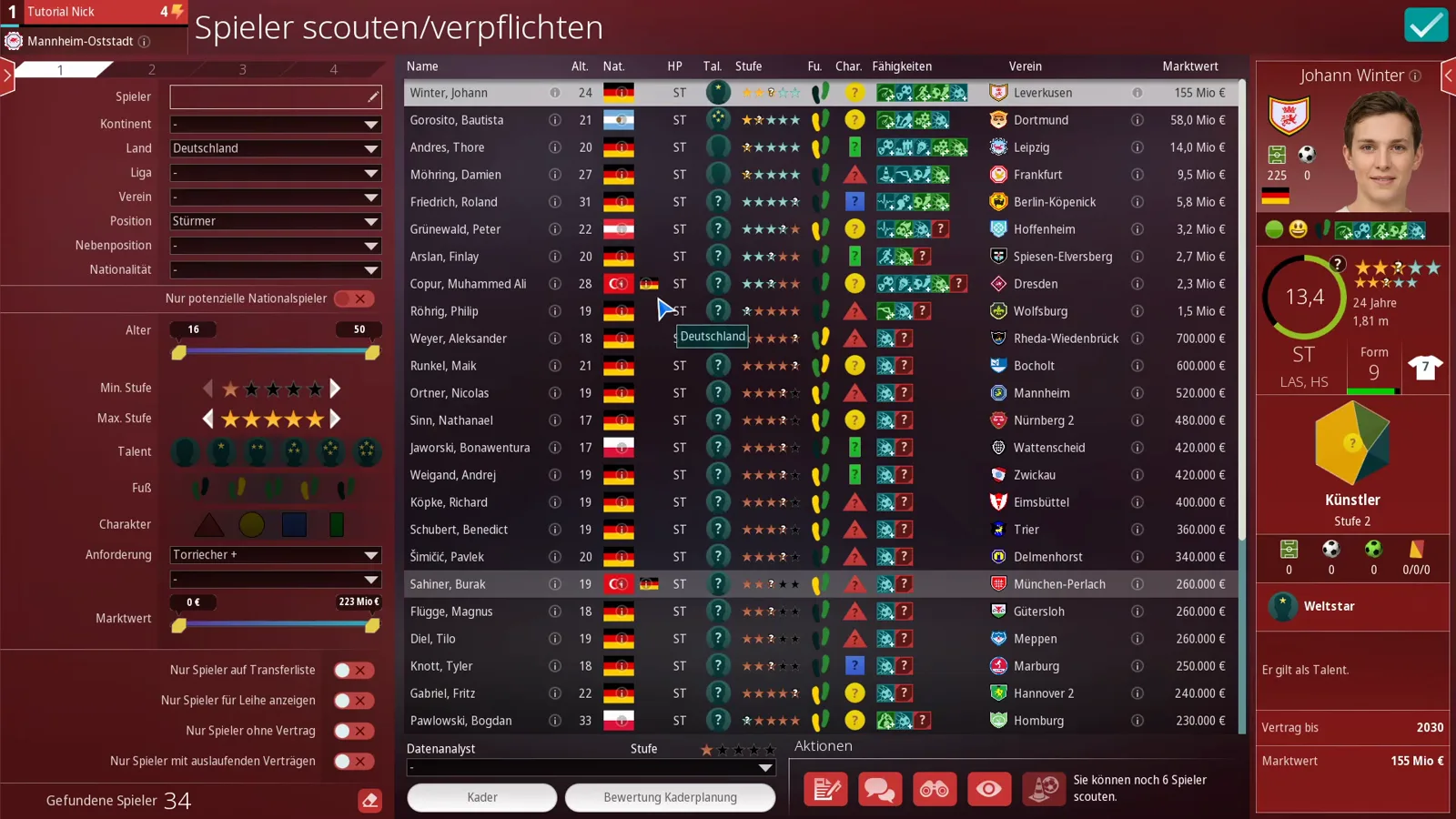 WE ARE FOOTBALL 2027 player search filtered to German strikers with the Torjäger requirement, a 223 million market value slider, and 34 matching forwards listed