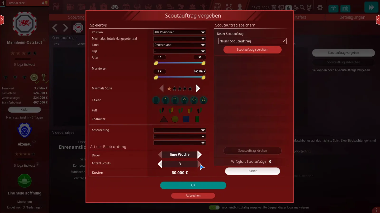 WE ARE FOOTBALL 2027 Scoutingauftrag vergeben dialog pricing a one-week assignment with three scouts at 60,000 euros before saving the template
