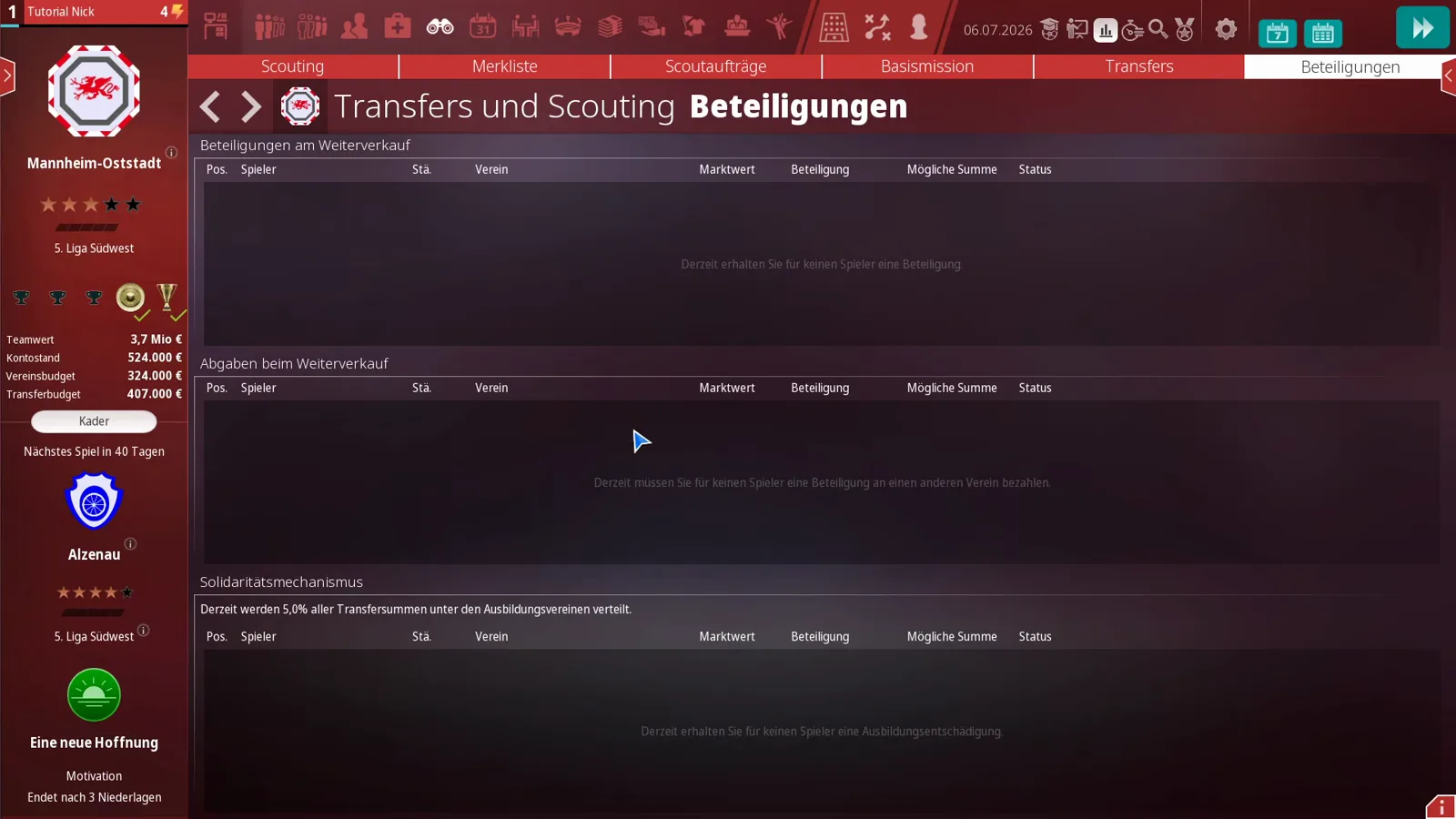 WE ARE FOOTBALL 2027 Beteiligungen tab splitting sell-on income, sell-on dues, and the solidarity mechanism that distributes 5% of transfer fees to training clubs
